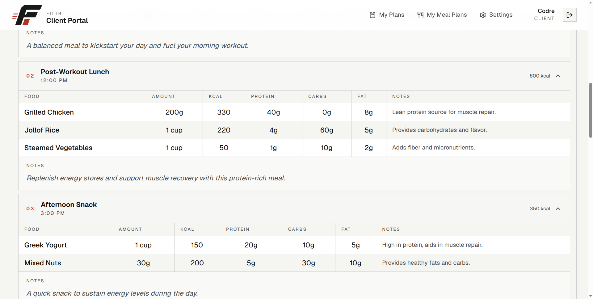 Client portal meal plan